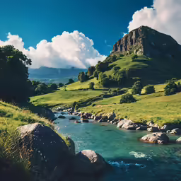 a stream running in front of a large rock formation