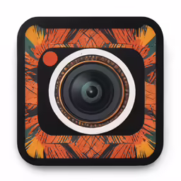a camera in a square that has the image of a leaf on it