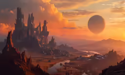 a giant, futuristic city sits on a rocky island