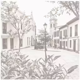 an old - fashioned photo of a town square with people walking by