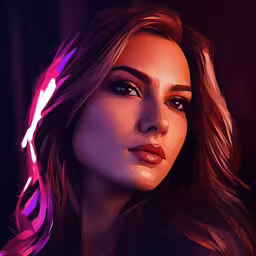 the beautiful girl with long hair is shown in a digital painting,an art work featuring a woman with brown hair and glowing eyes