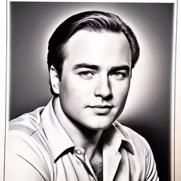 a black and white photo of a man in a polo shirt