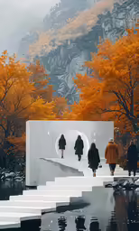 several people walking on the steps in front of trees with orange leaves