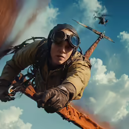 the young man is flying his airplane high