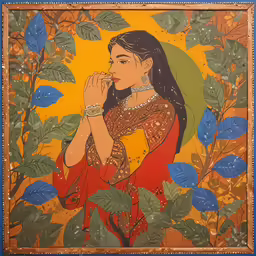 painting of indian girl with leaves around her