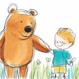 a boy and a bear that are hand in hand