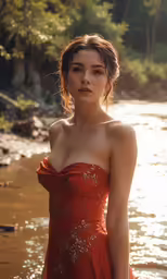 a young woman in a red dress by a stream