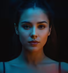 a woman looking up in a dark room