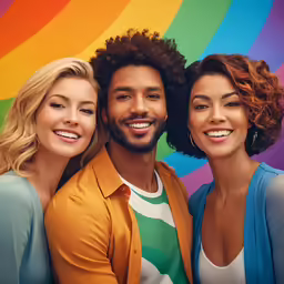 three smiling people with one looking at the camera