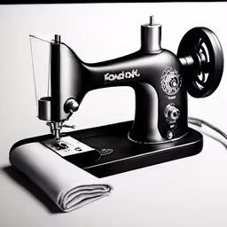 a sewing machine next to a rolled cloth
