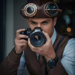 a man in a hat and goggles holding a camera