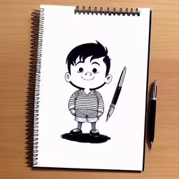 notebook with a drawing of a child holding a pen,a spiral notebook with a cartoon character holding a pencil