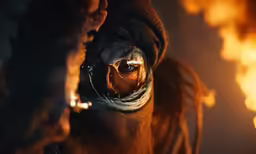 there is a horse looking through a window with fire behind it