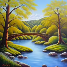 painting of a bridge on the river in the mountains,a painting of a bridge crossing a stream