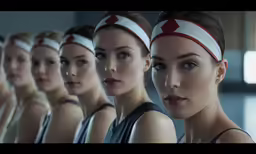 a group of women wearing tennis headset in different poses