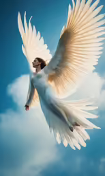 a woman that is flying in the air with white wings