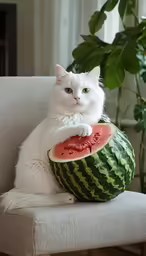 a cat sitting on a chair with a piece of watermelon