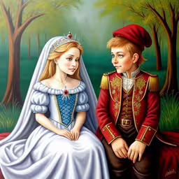 this painting depicts a young boy in a dress with a princess and a young girl, in front of a forest, holding the same piece of the image,a painting of two people dressed up as queen and duke