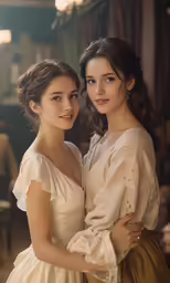two women standing next to each other in formal dress