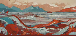 an art piece in red and orange tones depicting some mountains,an ink drawing of mountains near the ocean