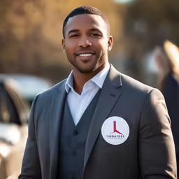 a man is wearing a gray suit and smiling for a photo