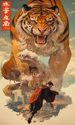 a man on a horse is riding down a field with a tiger