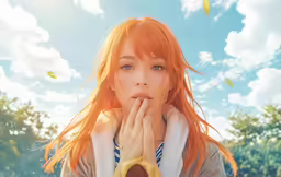 a girl in a fur coat holding her hands to her mouth