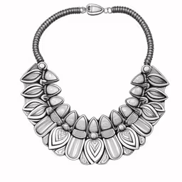 a drawing of a necklace with many different designs,this necklace is designed with black and white beads,this necklace features various tribal designs and beads,a necklace made of silver metal with intricate designs,a large silver necklace that looks like it is being worn on the front of a necklace