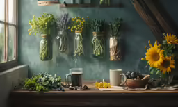green jars with flowers are on display and a wooden table with drinks and other decorations