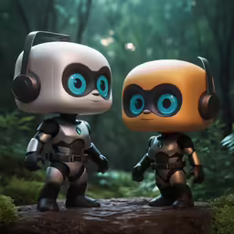 a couple of robot in the woods wearing headphones