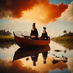 two people sitting in a red boat while on the water,two people in a canoe in the water under a cloudy sky