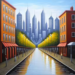 painting of yellow buildings near the water