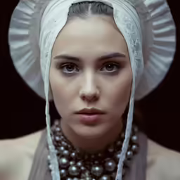 a woman with pearls and a white hat