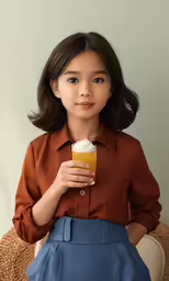 a girl sitting on a chair holding a drink