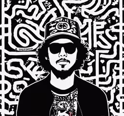 an image of the rapper in sunglasses and hat,the artist in the image has an afro on it