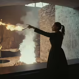 a woman pointing out smoke while standing next to a stone building
