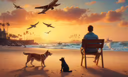 a painting of people sitting on a chair with a dog looking at them,an oil painting of a man and dog sitting in a beach chair watching the planes take off