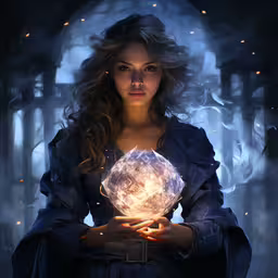 the girl holding the crystal ball is looking very mysterious,the woman is holding a crystal ball in her hands