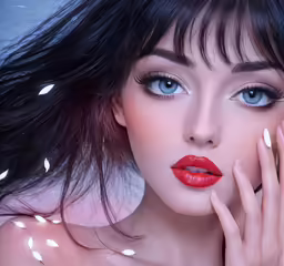 a close up of a young woman with bright blue eyes