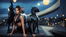 a women in black swimsuit next to black dogs