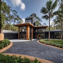 a modern house that is surrounded by trees and shrubs