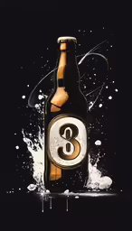 the beer bottle is spilling and has numbers 8 on it