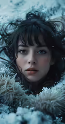 a woman in the snow looks over her shoulder