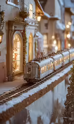 a model train riding on tracks beside a house
