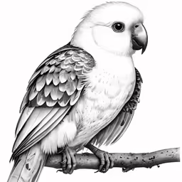 a black and white drawing of a parrot