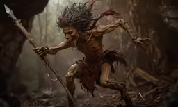 a man holding a spear in the forest