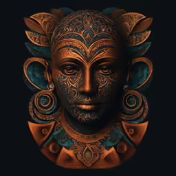 an ornate mask with blue and brown markings