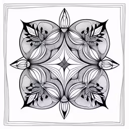 a black and white design with flowers,a black and white drawing of a square frame with lines drawn through it