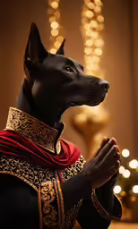 a dog dressed in an indian style garb standing by a christmas tree