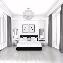 the large bed is set up in the middle of the room